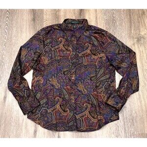 Lauren Ralph Lauren Paisley Cotton Button Down Blouse Womens XL Colorful Purple